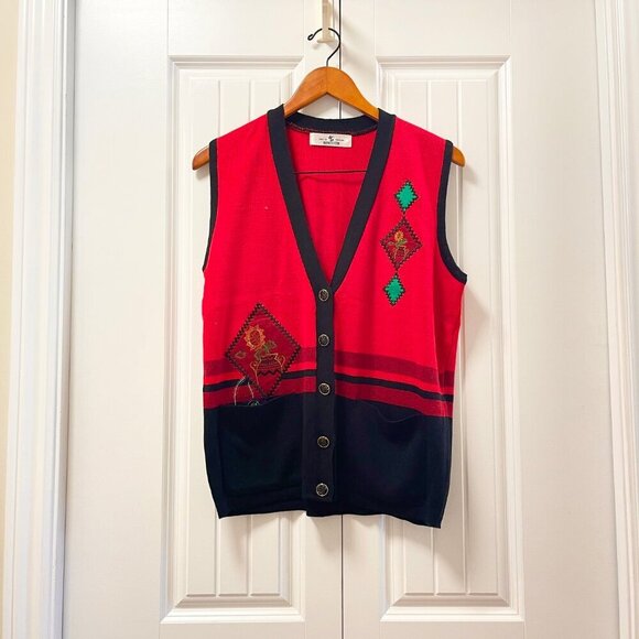 Vintage Holiday Sunflower Sweater Vest Red & Black - Picture 1 of 12